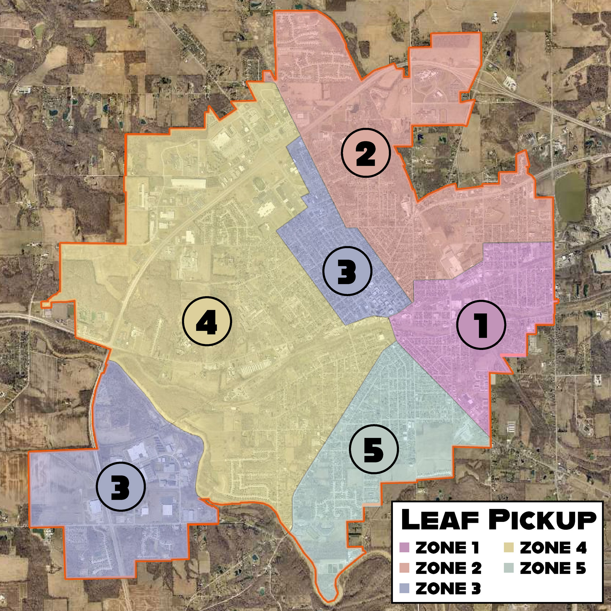 Fall leaf pickup is divided into five collection zones. The zones are the same used for trash pickup, with Zone 1 matching Monday's trash route, Zone 2 matching Tuesday's route, and so on.