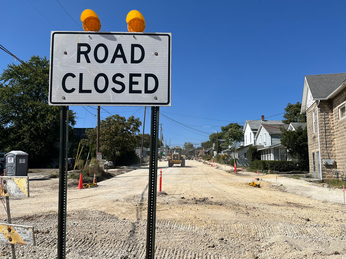 A photo looking north at construction along Lafontaine Street>
<p class=