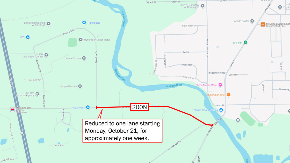 Map showing a planned lane restriction on 200N between the industrial park and Etna Avenue. 200N will be limited to one lane starting October 21, 2024, and lasting about one week.