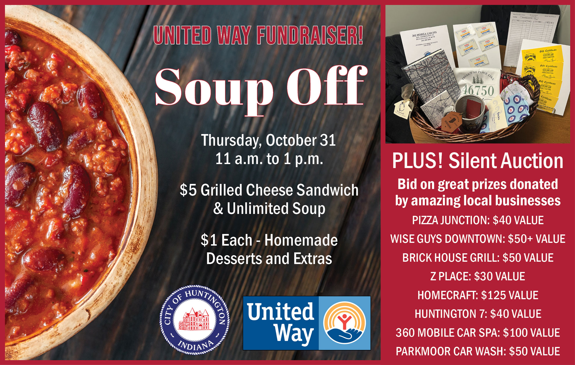 Join us for lunch during our annual United Way Soup-Off Fundraiser at 300 Cherry Street from 11 a.m. to 1 p.m. Thursday, October 31.